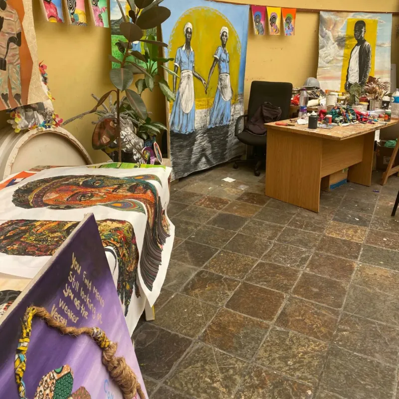 Artist's studio at Guga S'thebe full of paintings