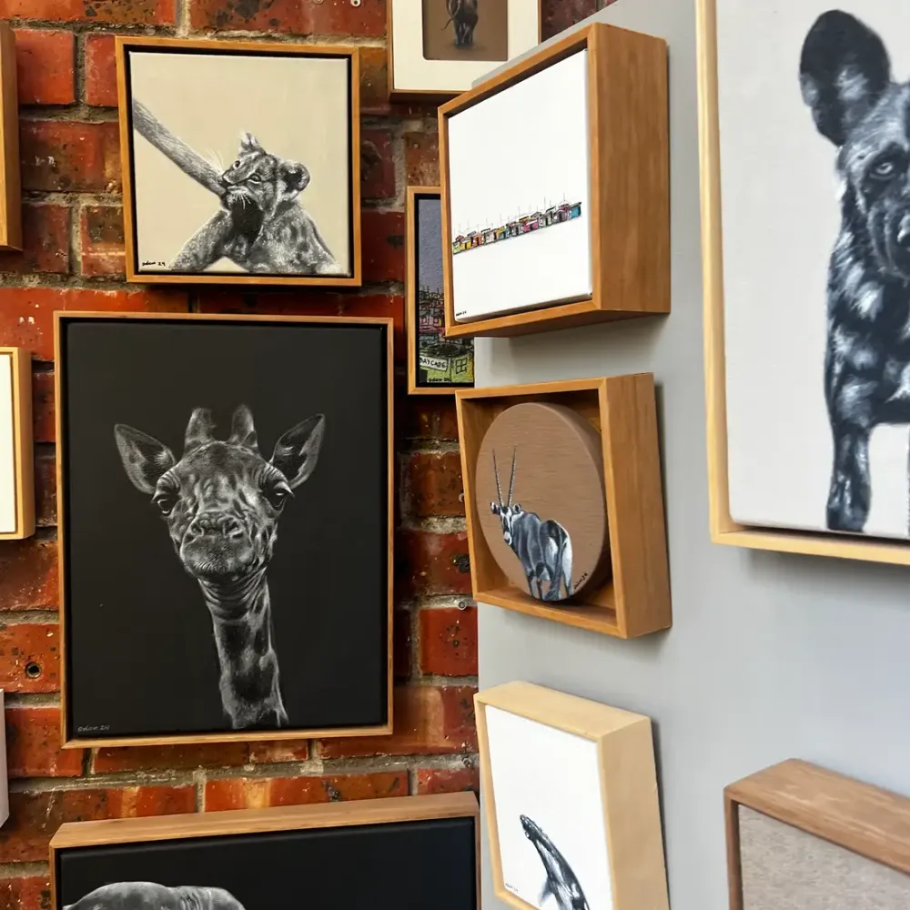 Framed animal paintings hung across a gallery wall