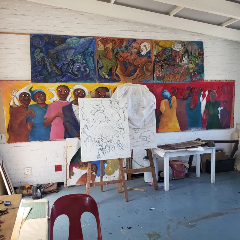 Easel and canvases in the painting studio